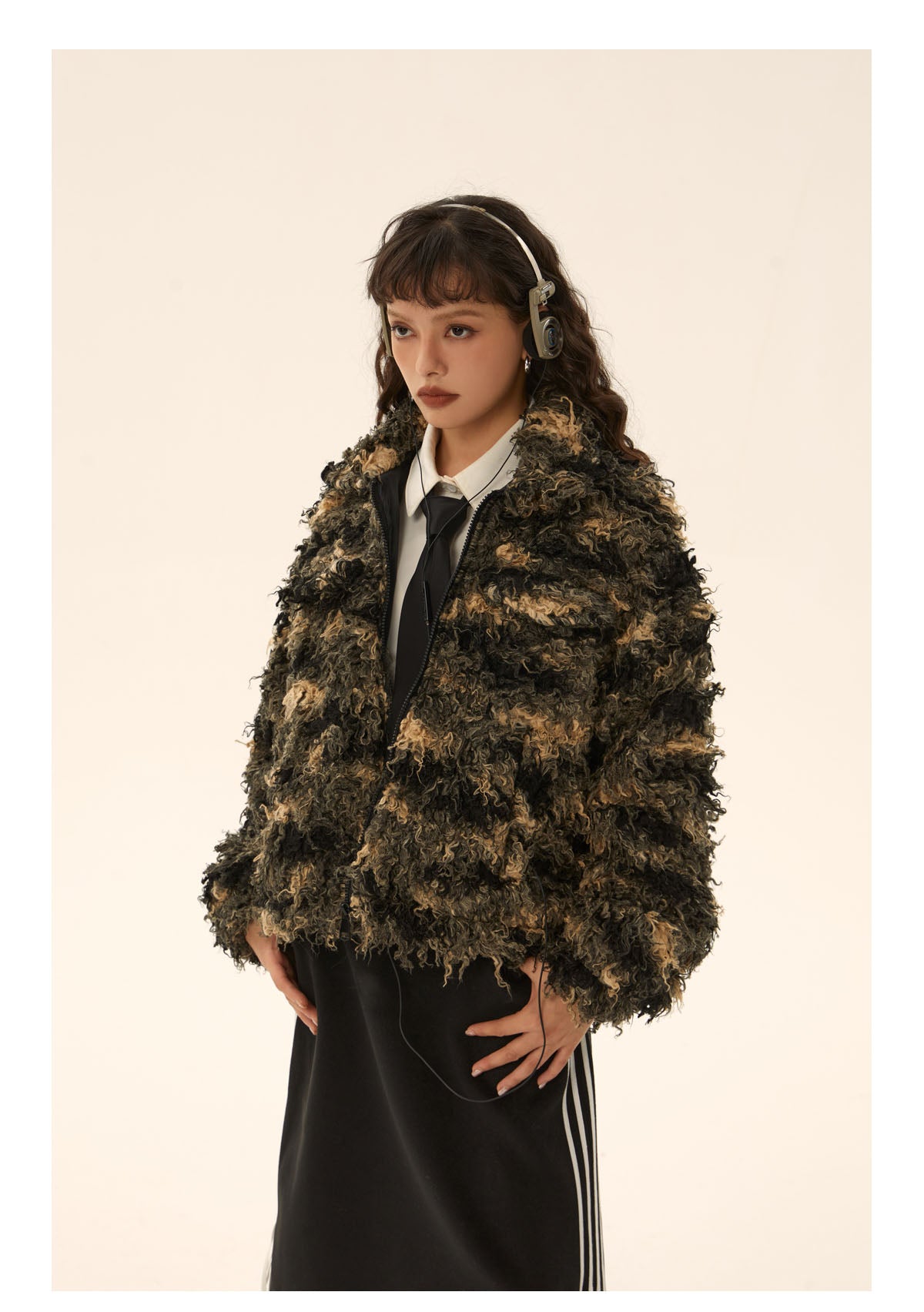 Striped short length boa zip jacket P423