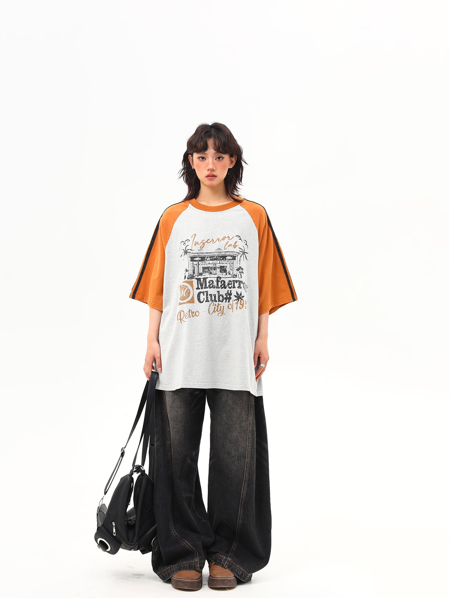 レトロ プリント ラグランスリーブ Tシャツ P2014