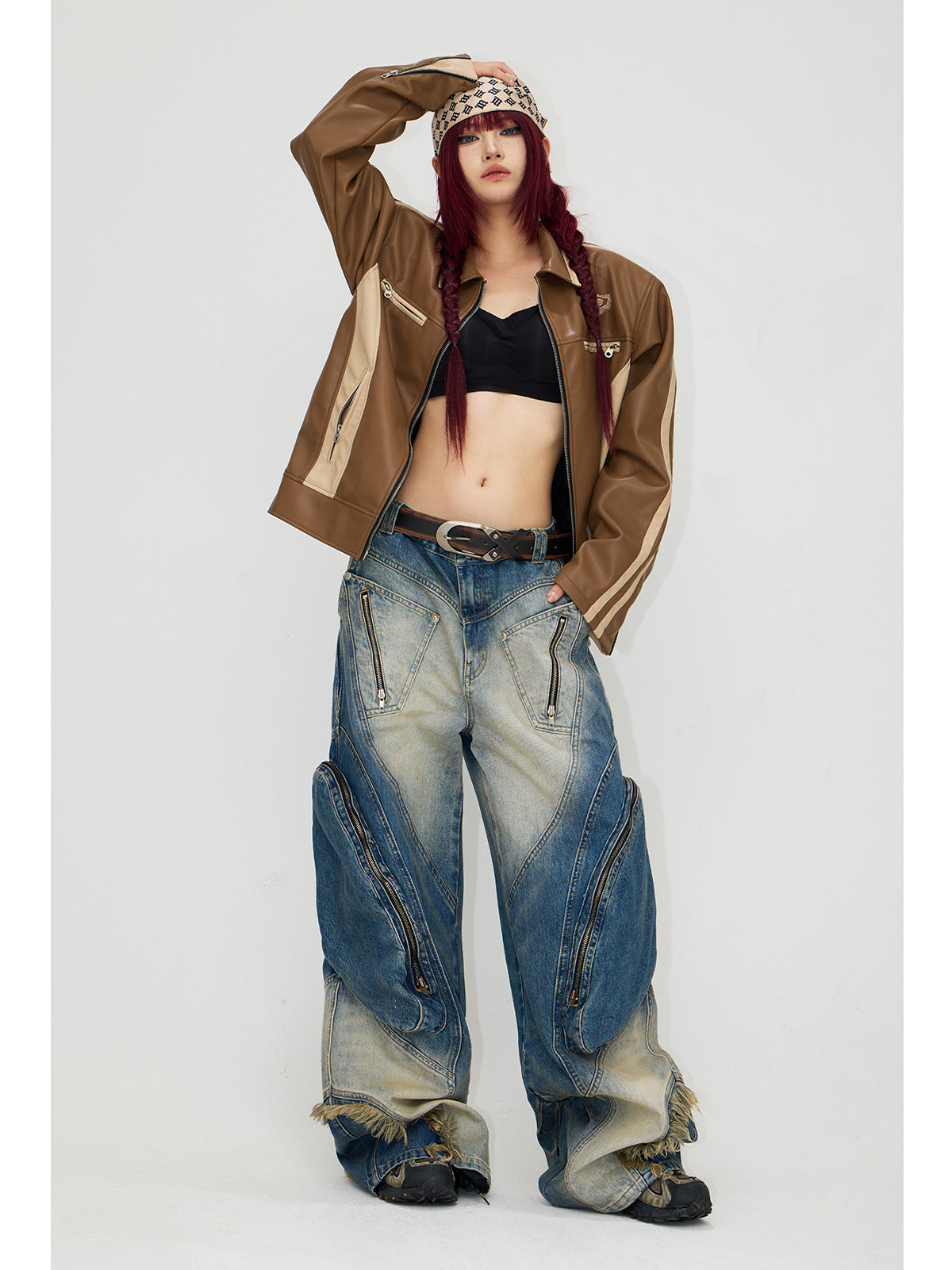 Contrast color retro leather jacket P546