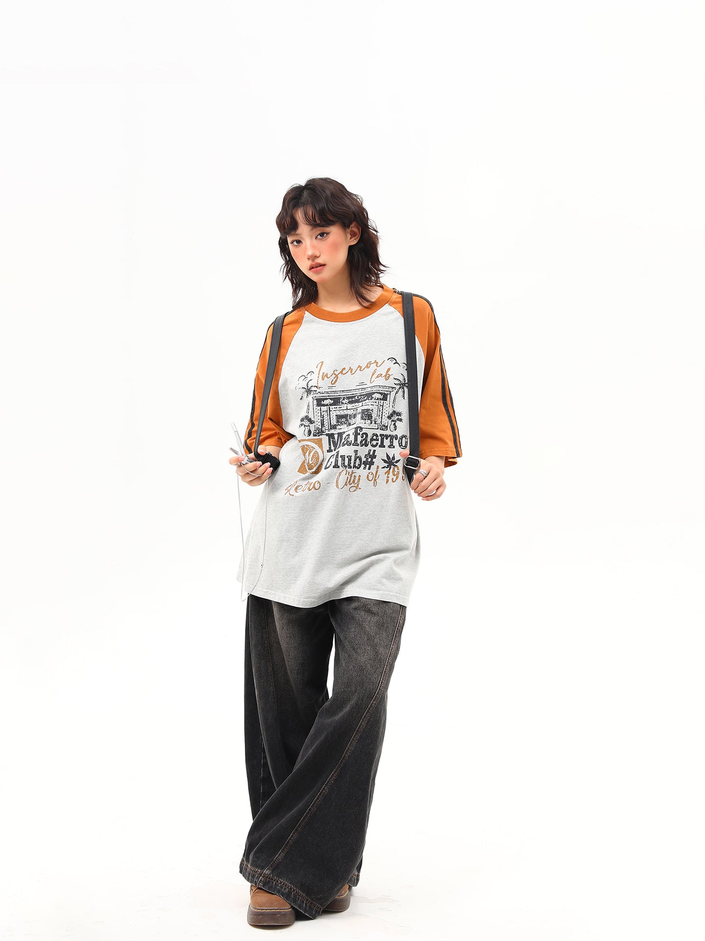 レトロ プリント ラグランスリーブ Tシャツ P2014
