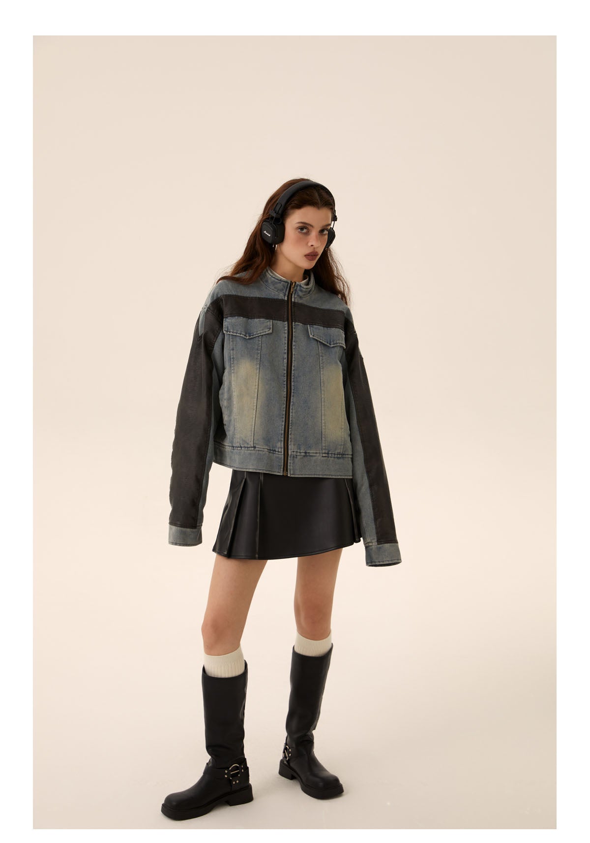 Reconstructed Zip Leather Denim Jacket P440