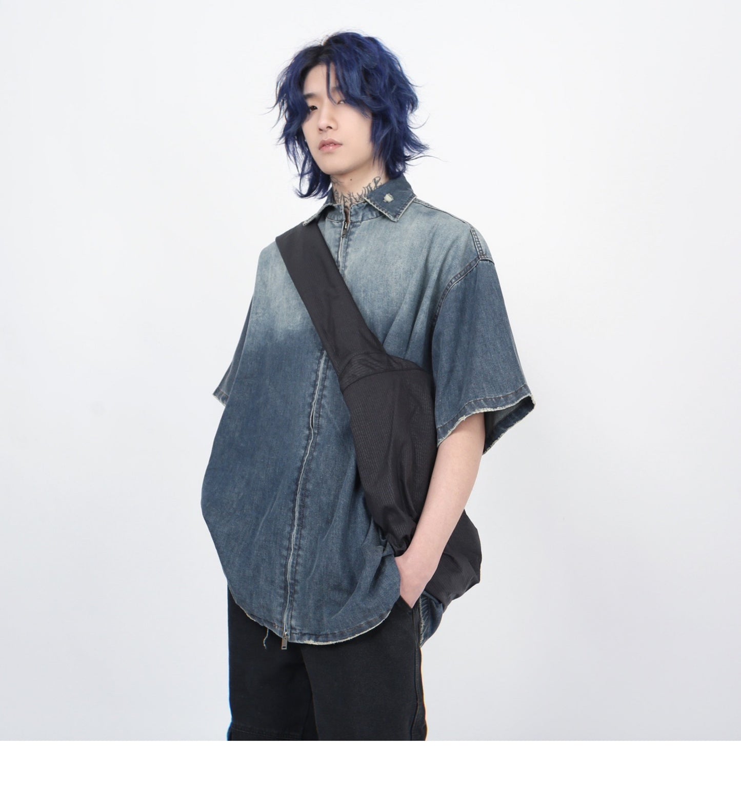 グラデーションウォッシュ加工 デニムショートスリーブシャツ P1366