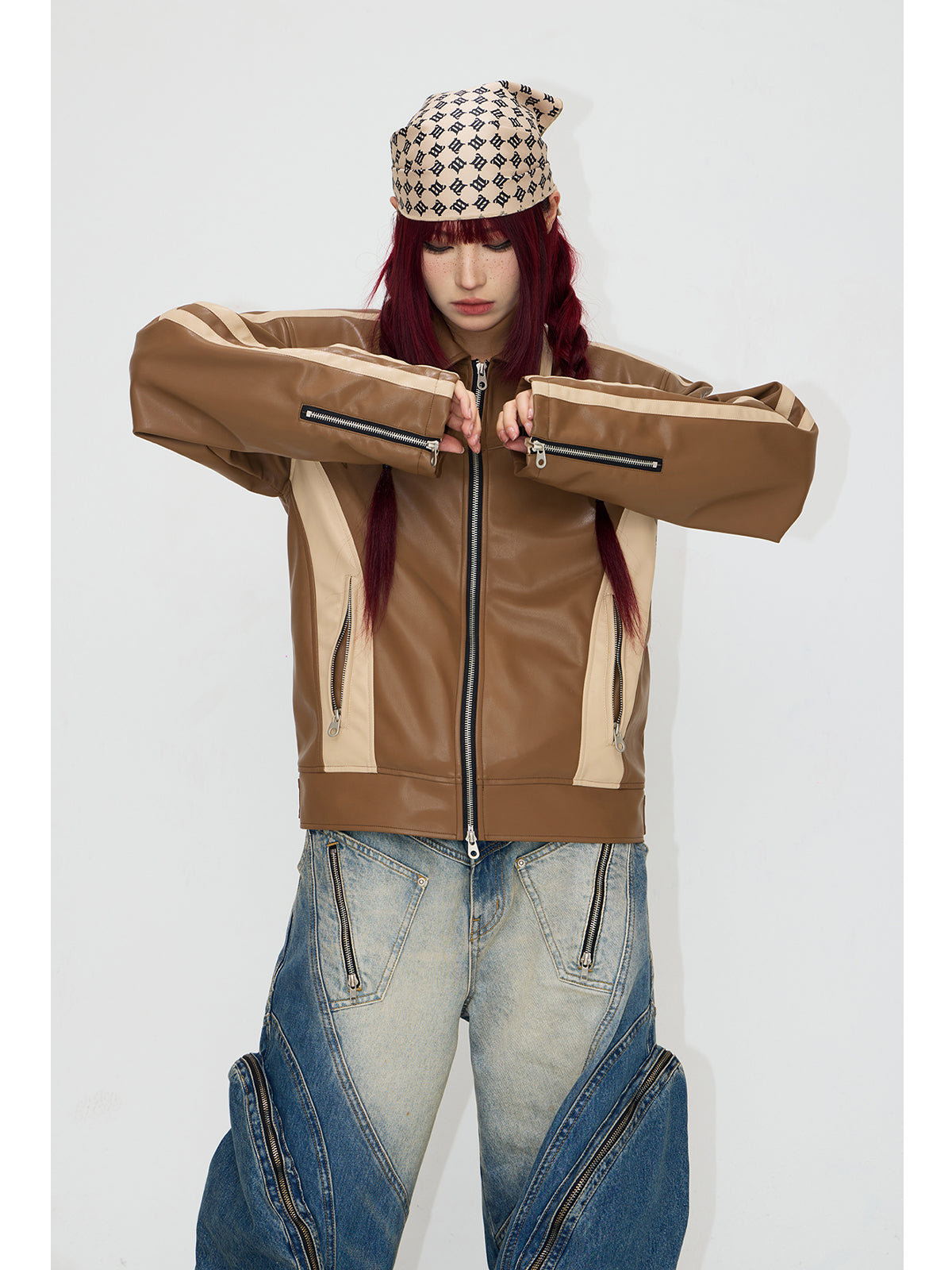 Contrast color retro leather jacket P546