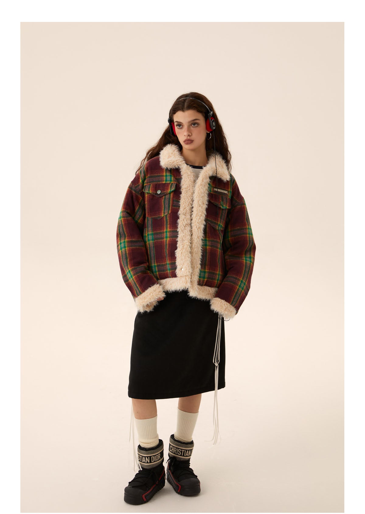 Just-fit check pattern mouton jacket P450