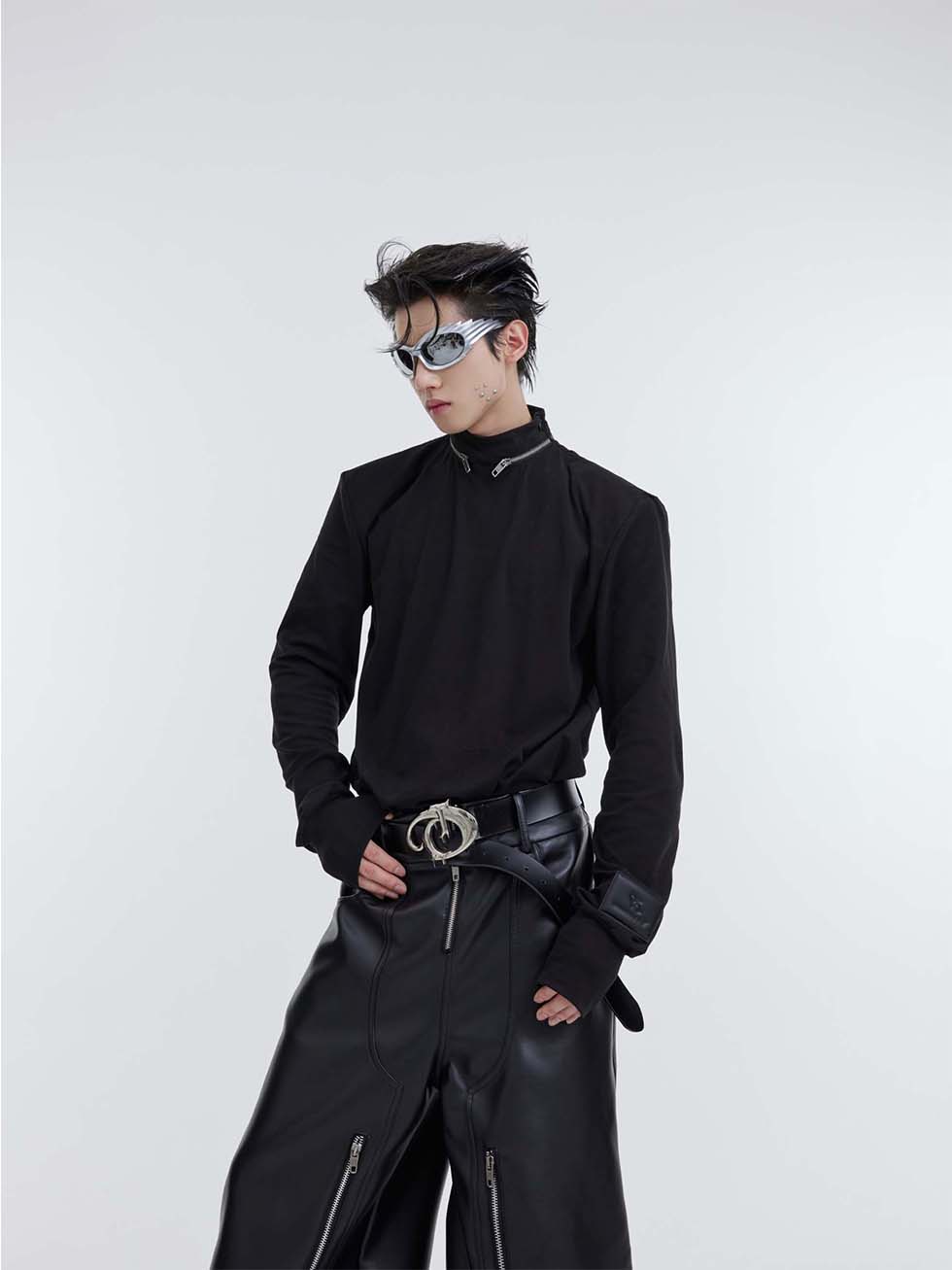 Metal zipper stand collar long sleeve shirt P1114