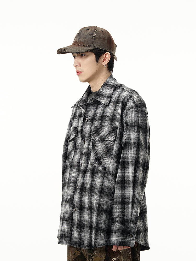 グラデーション チェック 柄 長袖シャツ  P1419