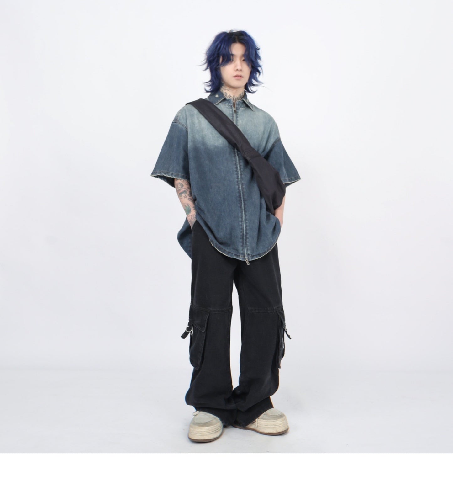 グラデーションウォッシュ加工 デニムショートスリーブシャツ P1366