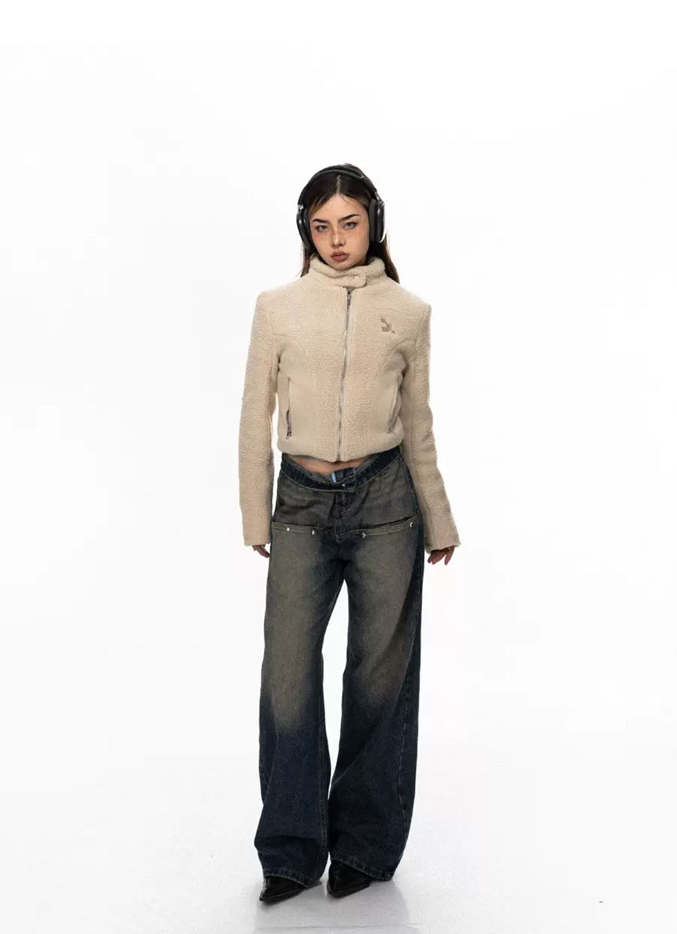 Back offset print straight jeans P759