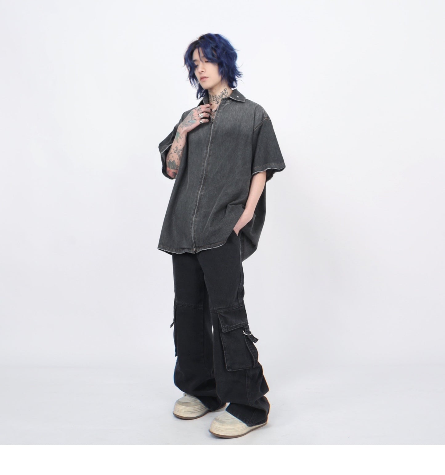 グラデーションウォッシュ加工 デニムショートスリーブシャツ P1366