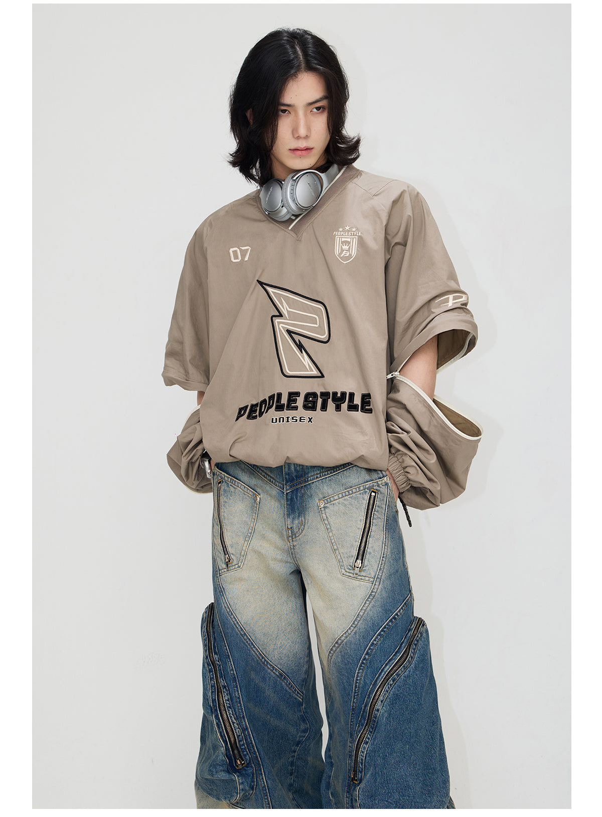 2-way V-neck layered casual sweatshirt P545