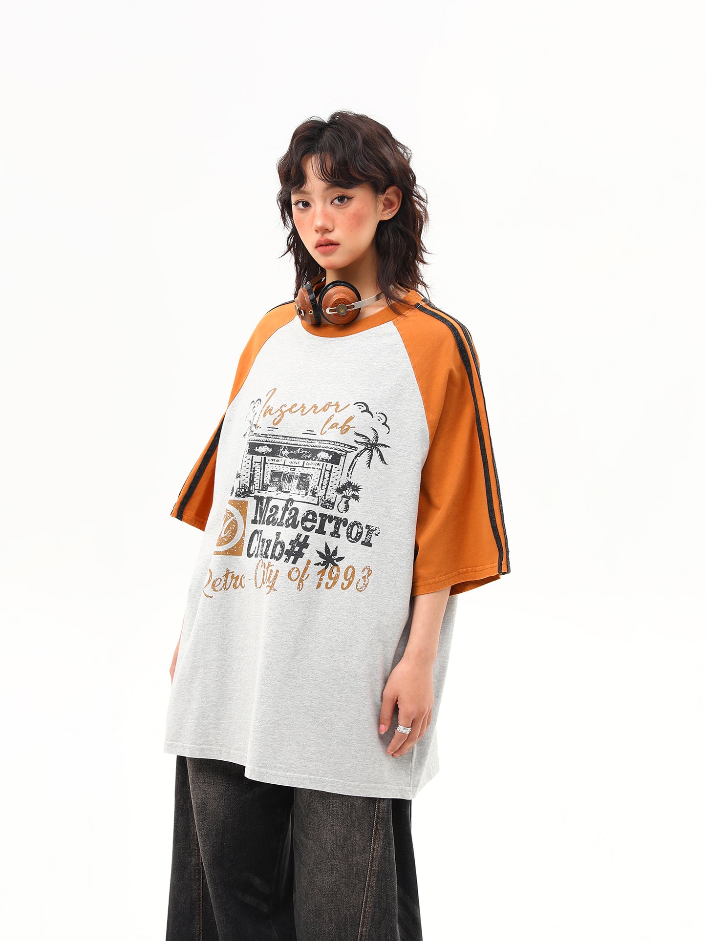 レトロ プリント ラグランスリーブ Tシャツ P2014