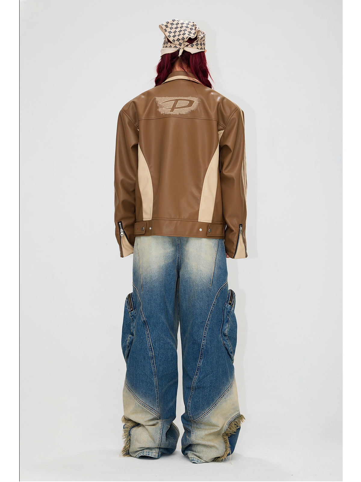 Contrast color retro leather jacket P546