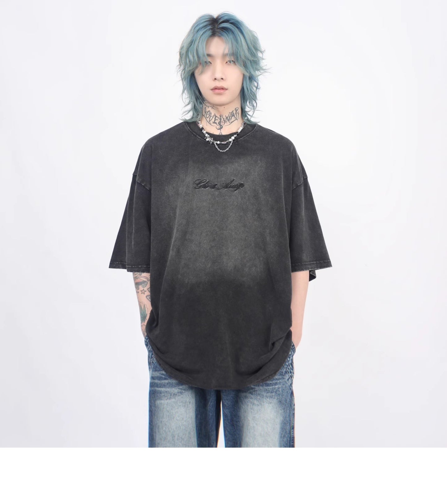エイジドウォッシュ レター刺繍ショートスリーブTシャツ P1367