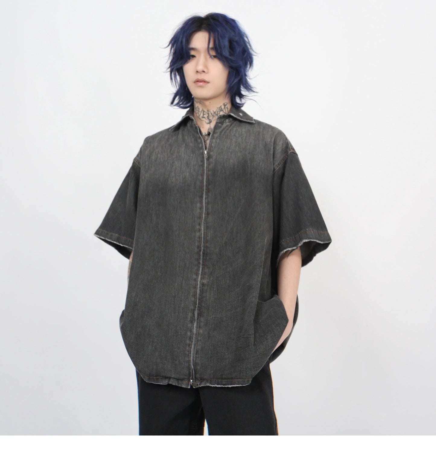 グラデーションウォッシュ加工 デニムショートスリーブシャツ P1366