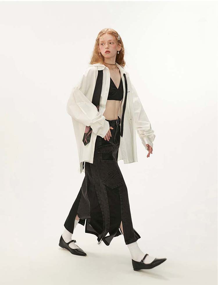 Cut design denim long skirt P1309