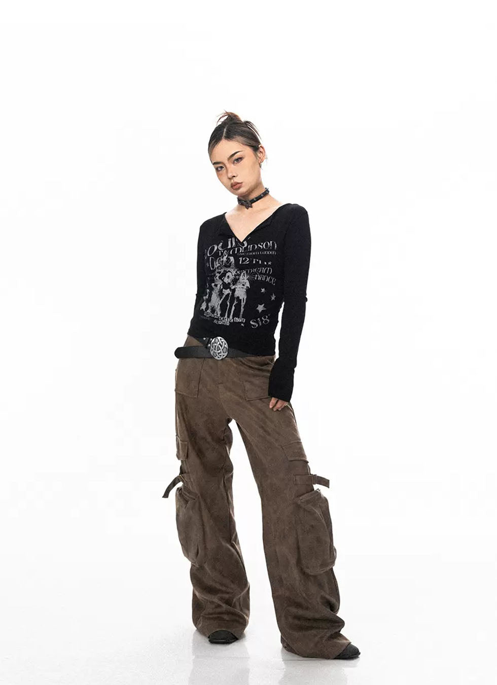 Street style V-neck long sleeve T-shirt P751