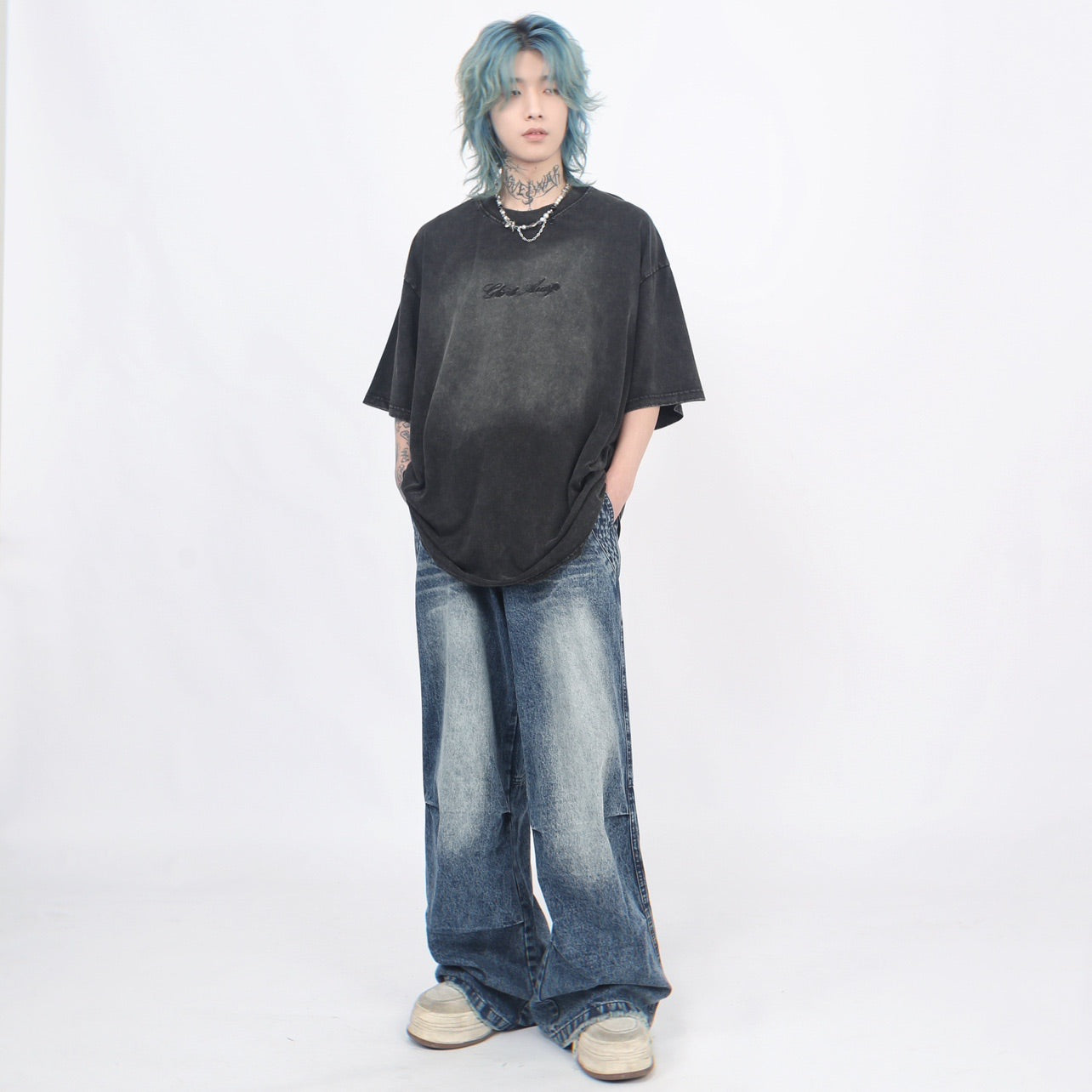 エイジドウォッシュ レター刺繍ショートスリーブTシャツ P1367