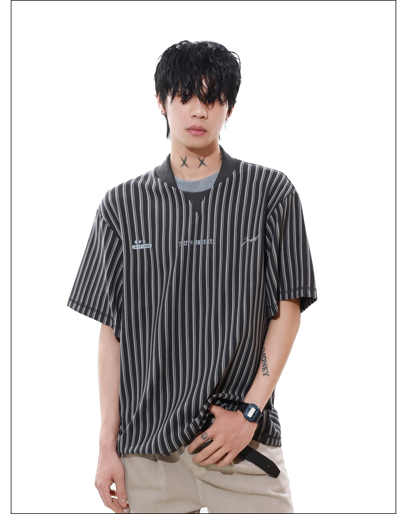 フェイクツーピース ストライプ Tシャツ P2091