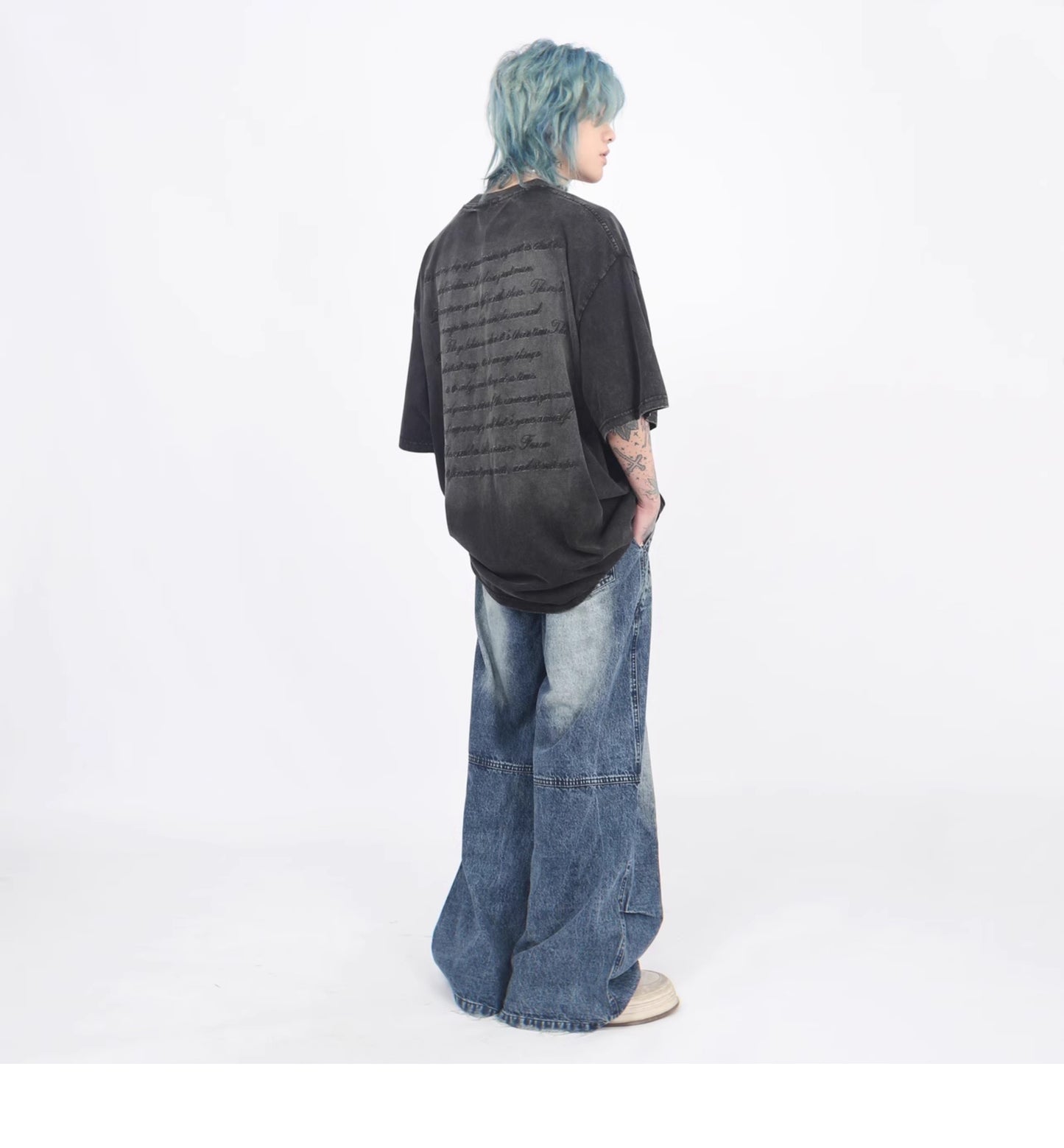 エイジドウォッシュ レター刺繍ショートスリーブTシャツ P1367