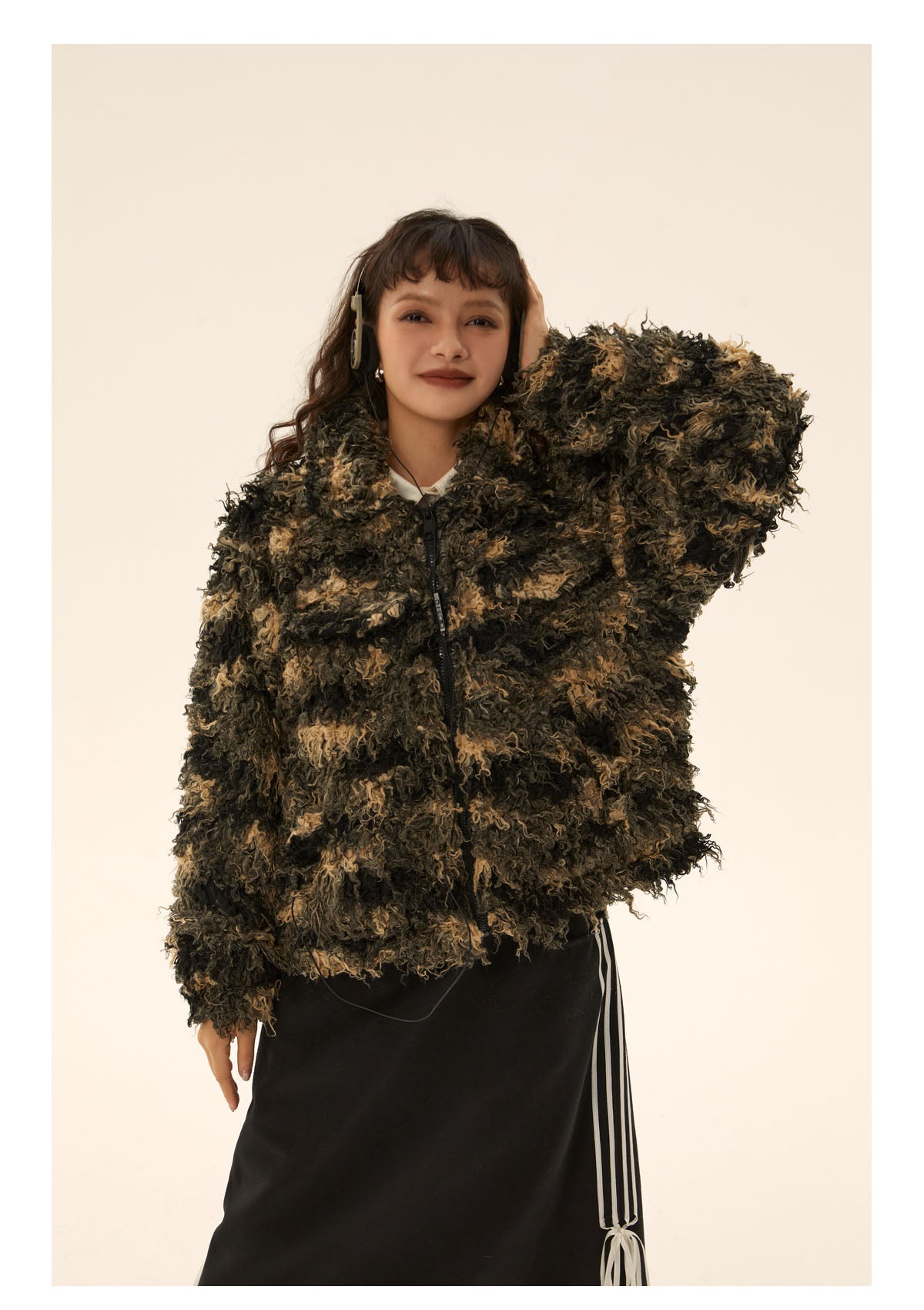Striped short length boa zip jacket P423