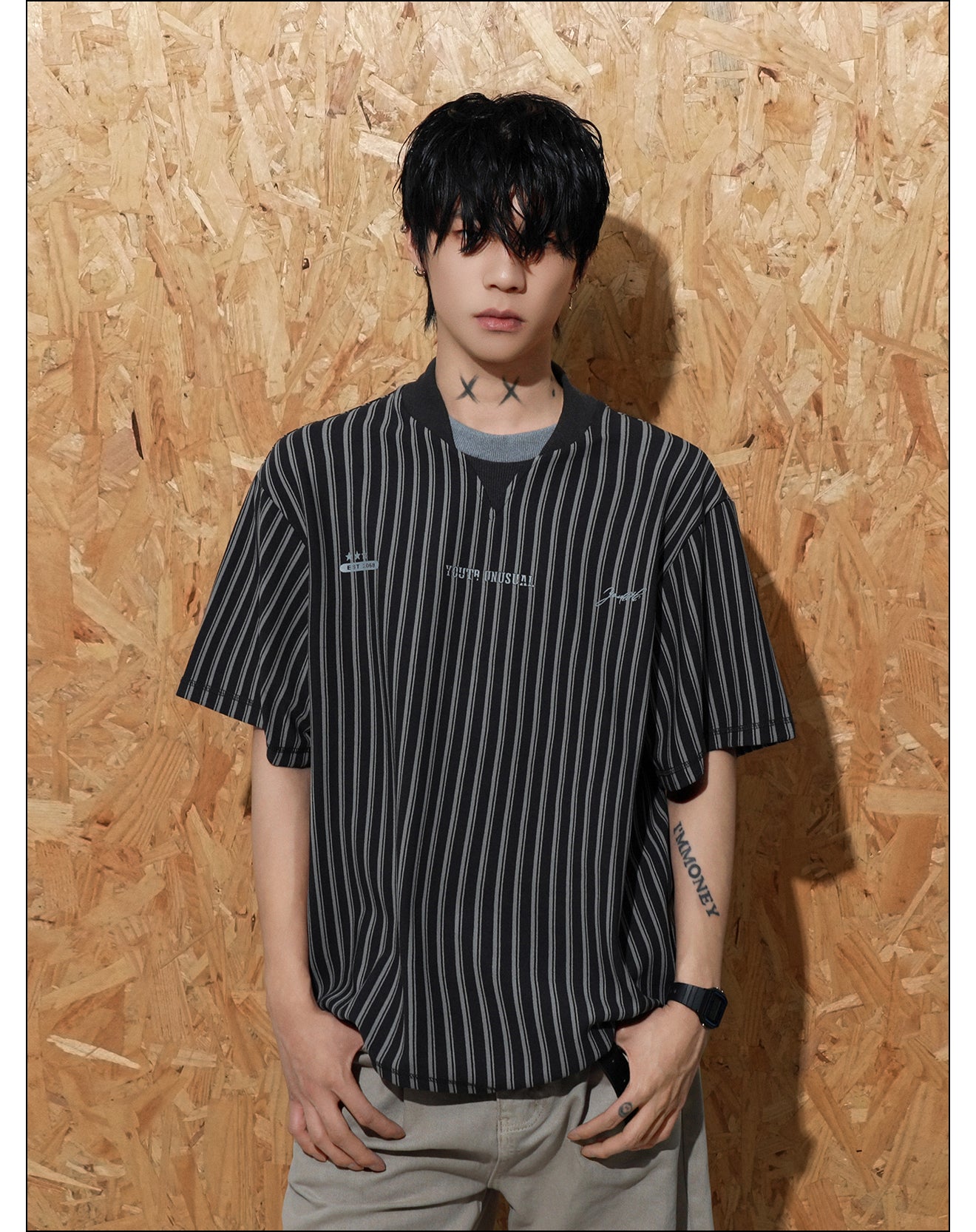 フェイクツーピース ストライプ Tシャツ P2091