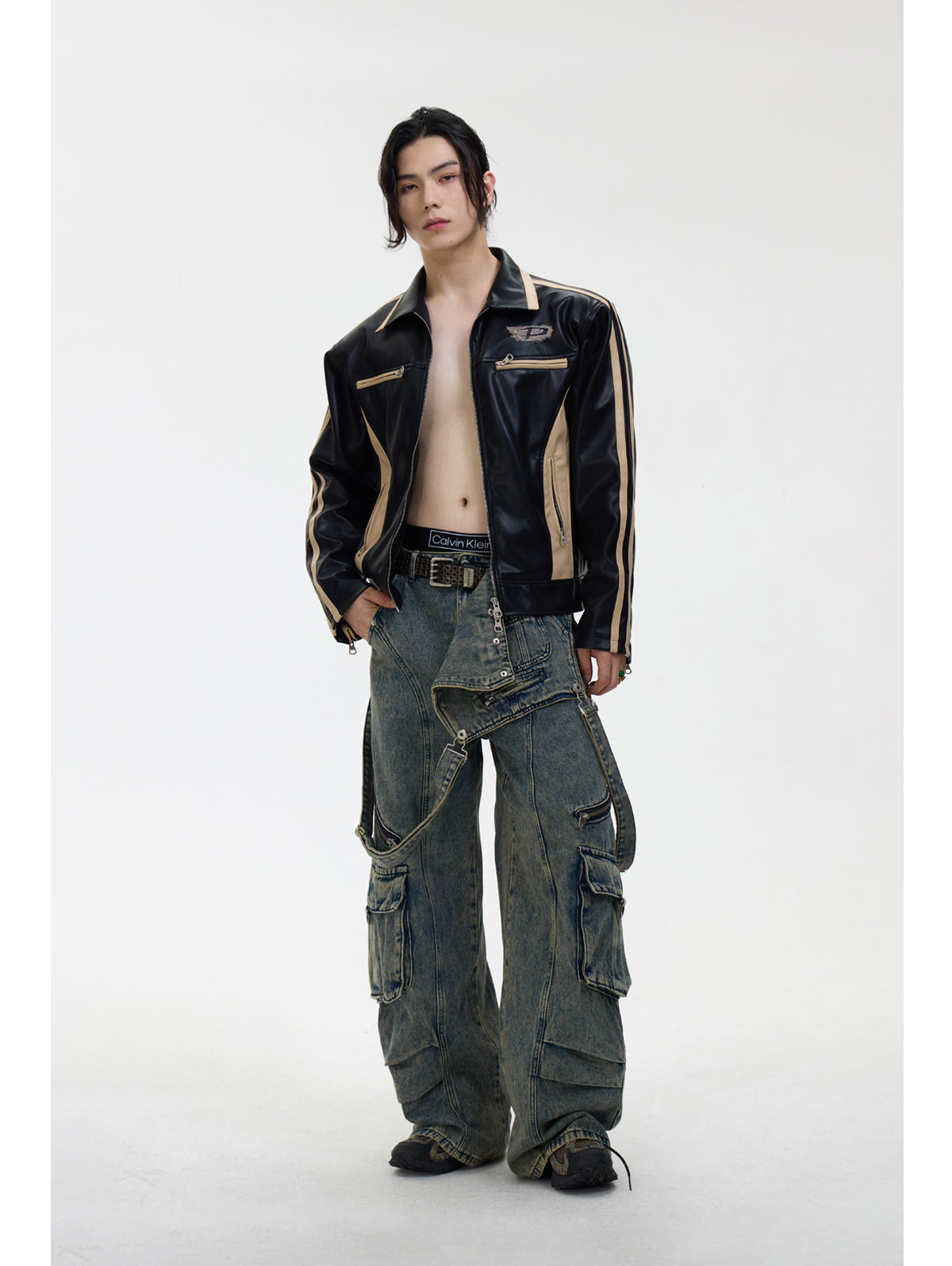 Contrast color retro leather jacket P546