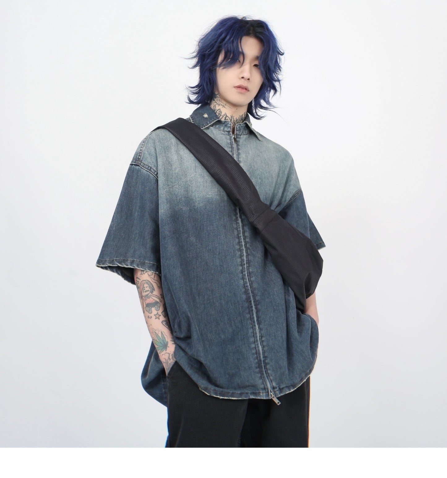 グラデーションウォッシュ加工 デニムショートスリーブシャツ P1366
