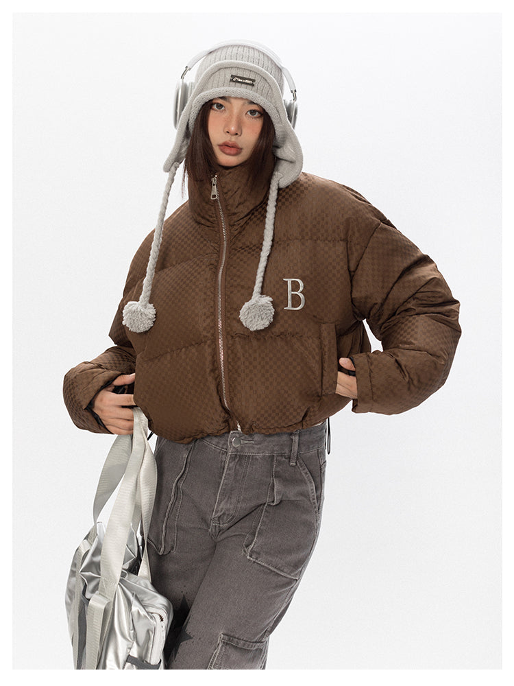 Check pattern embroidered short cotton jacket P708