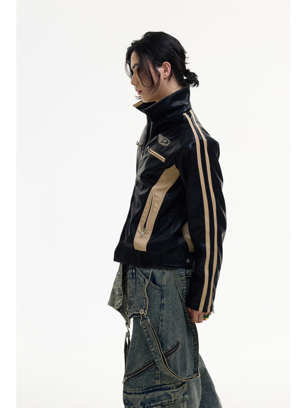 Contrast color retro leather jacket P546