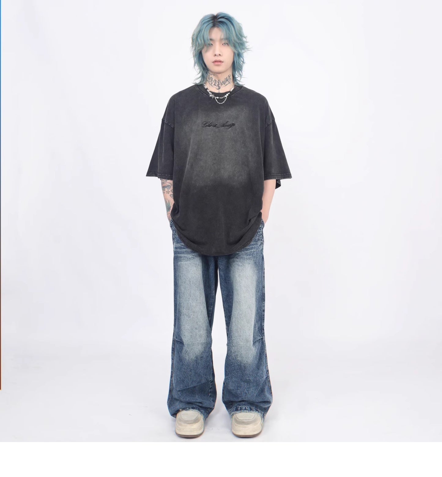エイジドウォッシュ レター刺繍ショートスリーブTシャツ P1367