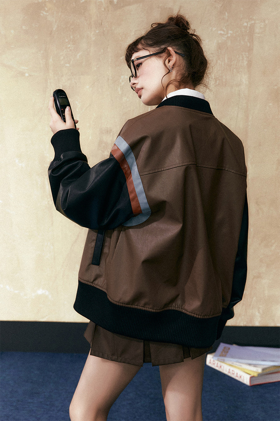 콘트라스트 컬러 PU 가죽 자켓 P799