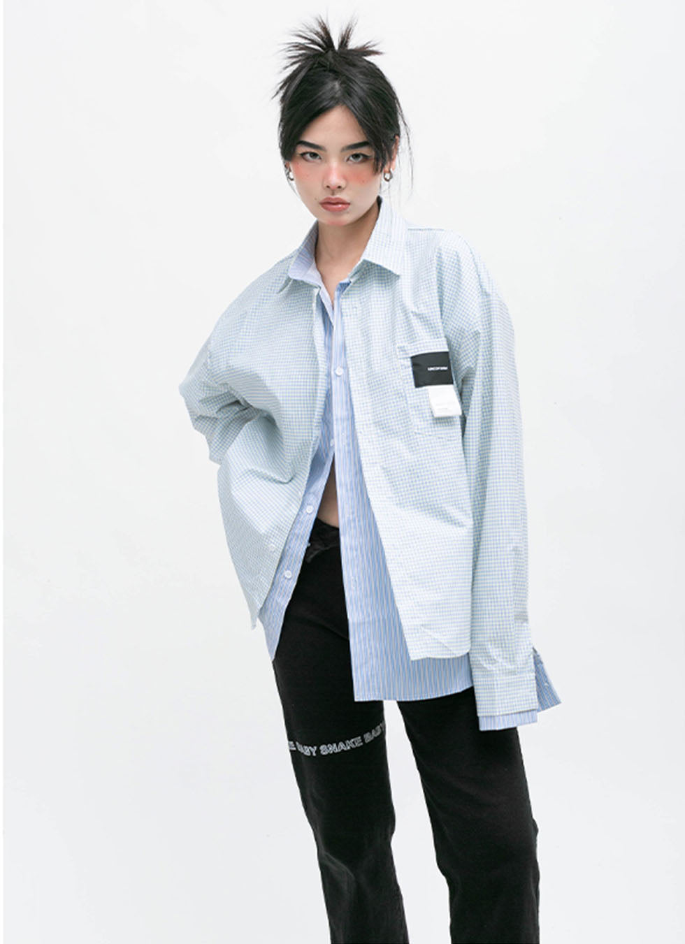 Fake two-piece design check pattern shirt P745