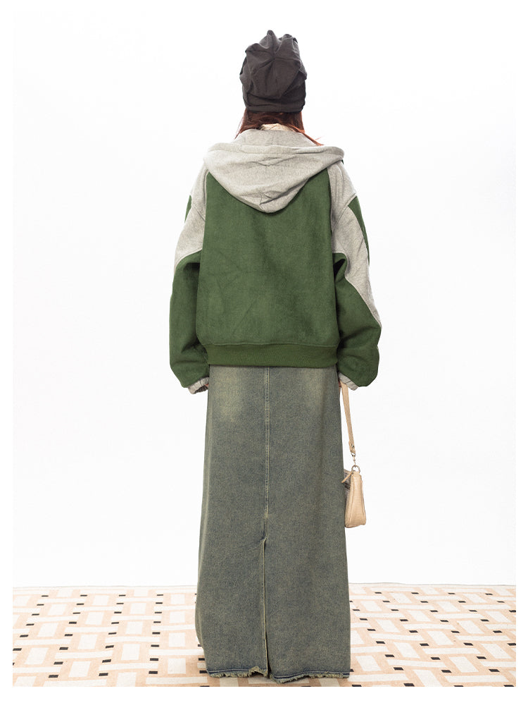 Hooded Print Short Suede Jacket P760