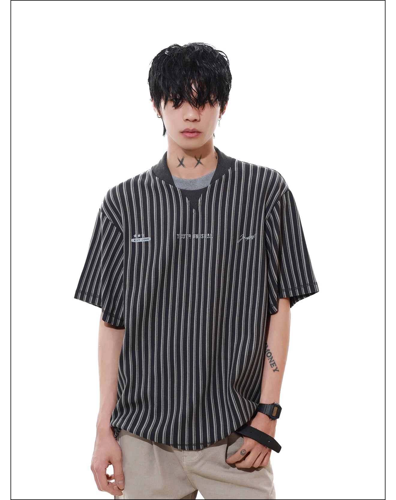 フェイクツーピース ストライプ Tシャツ P2091
