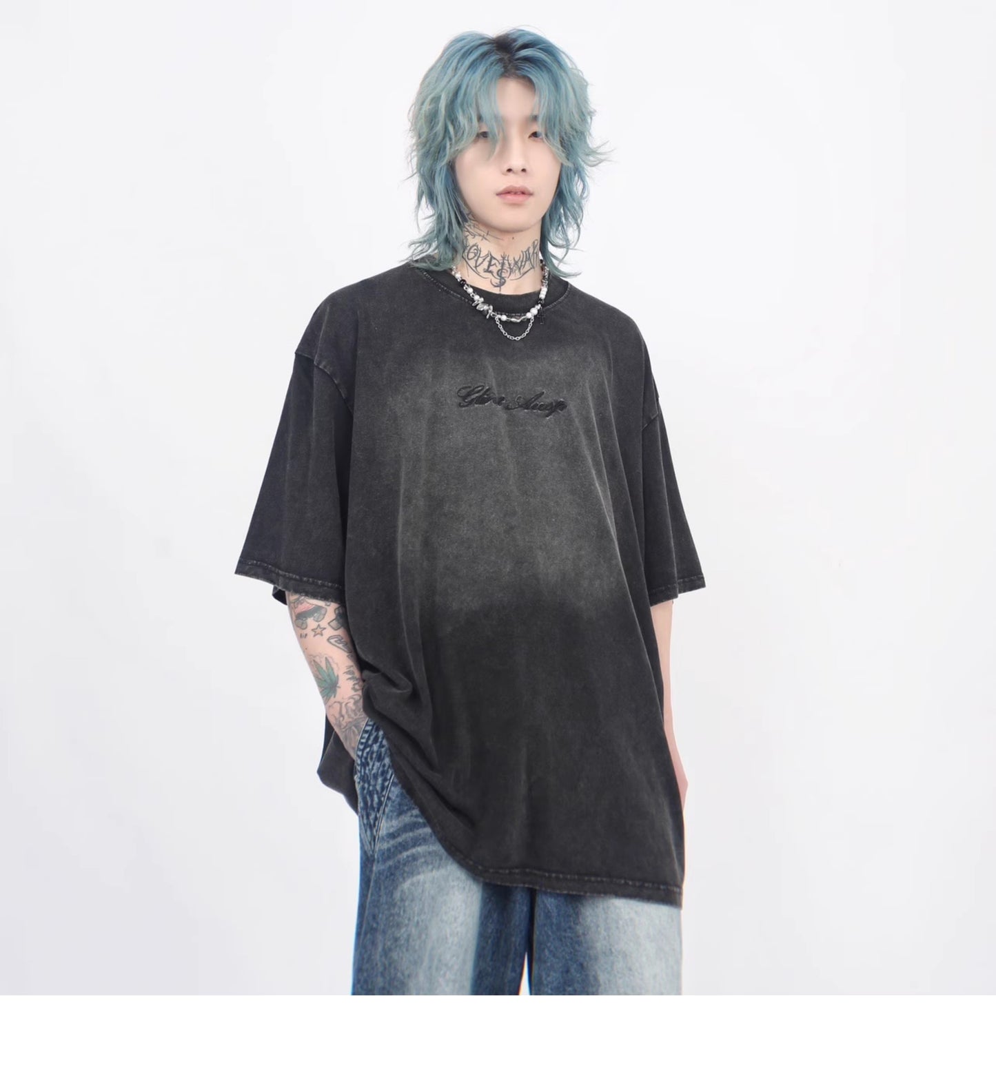 エイジドウォッシュ レター刺繍ショートスリーブTシャツ P1367