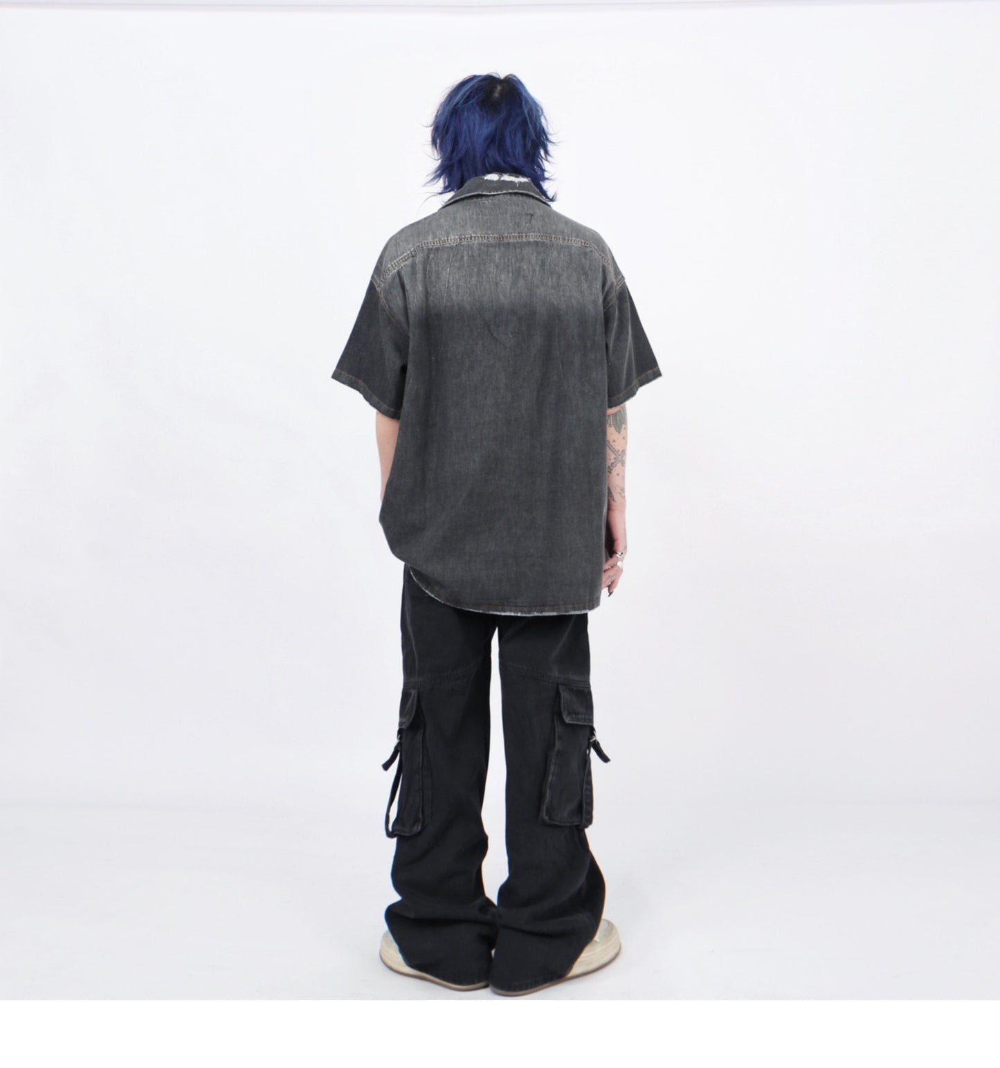 グラデーションウォッシュ加工 デニムショートスリーブシャツ P1366