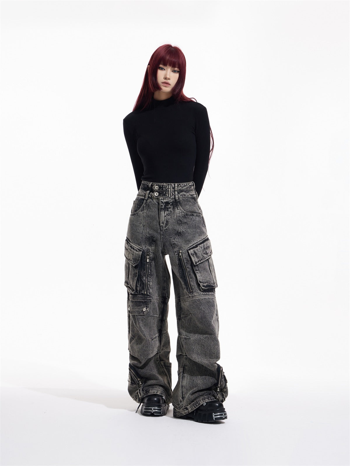 ルーズストレートダブルウエストマルチポケットパンツ P549