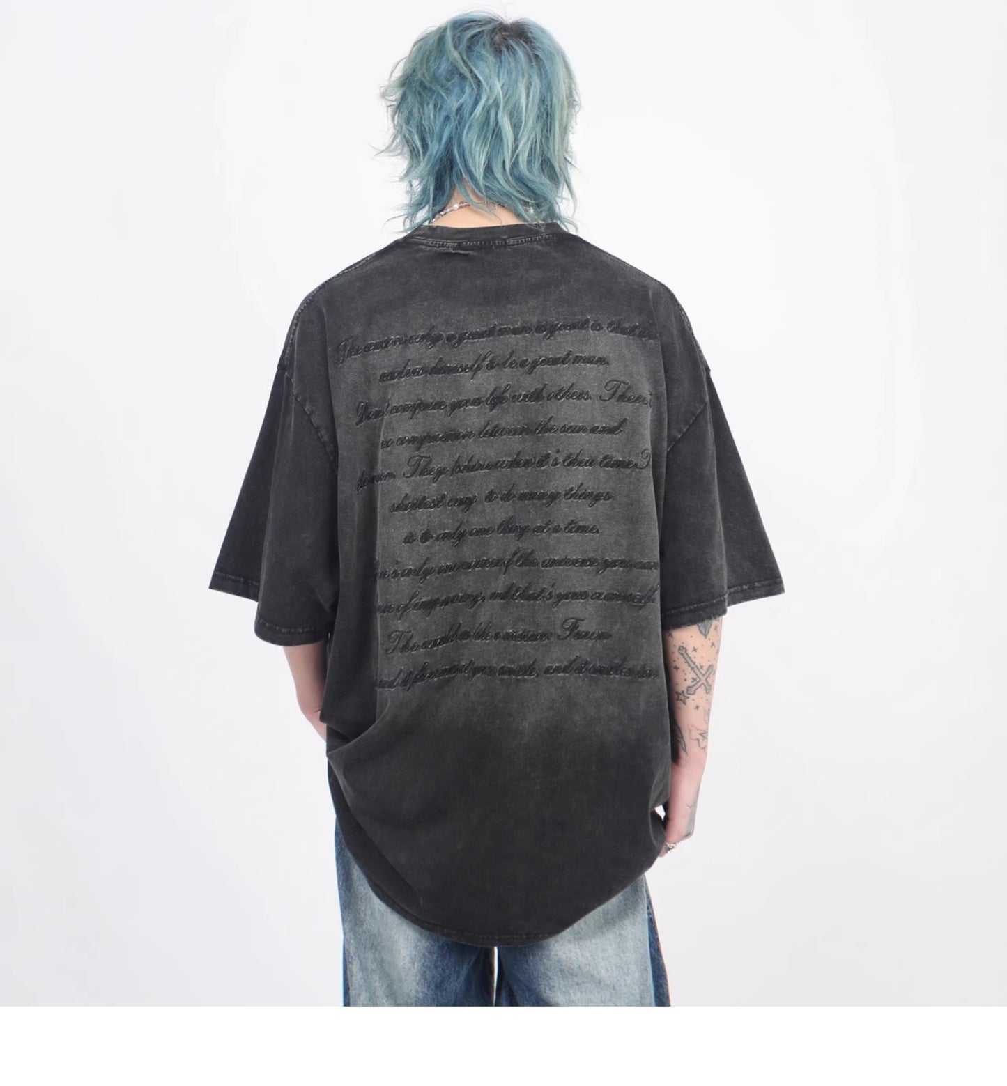エイジドウォッシュ レター刺繍ショートスリーブTシャツ P1367