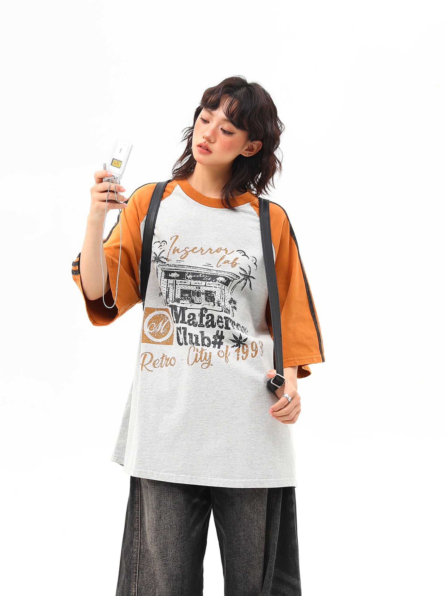 レトロ プリント ラグランスリーブ Tシャツ P2014