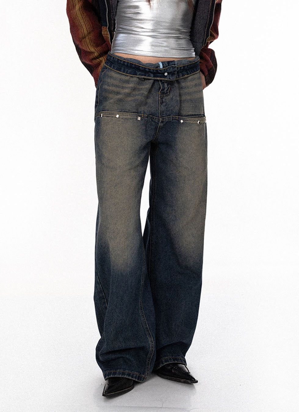 Back offset print straight jeans P759