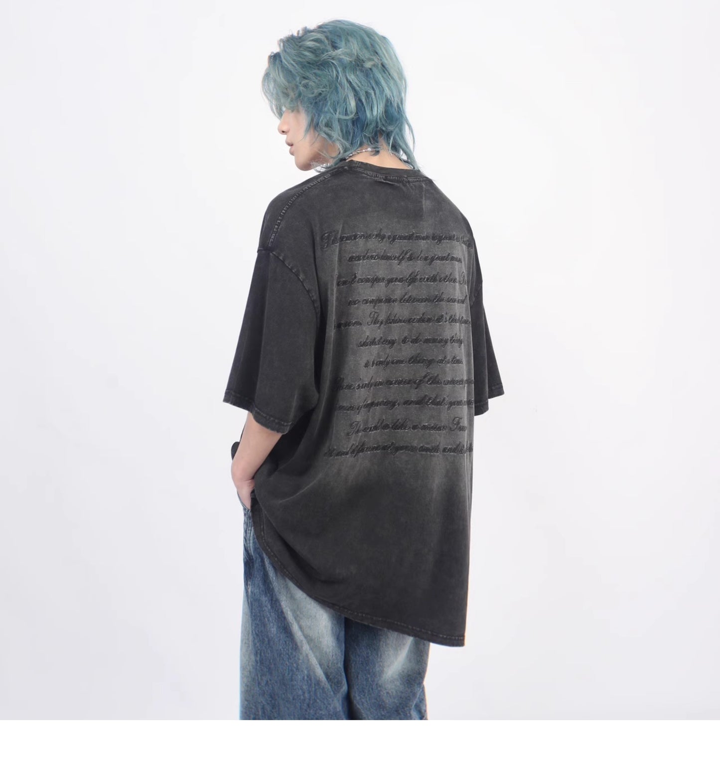 エイジドウォッシュ レター刺繍ショートスリーブTシャツ P1367