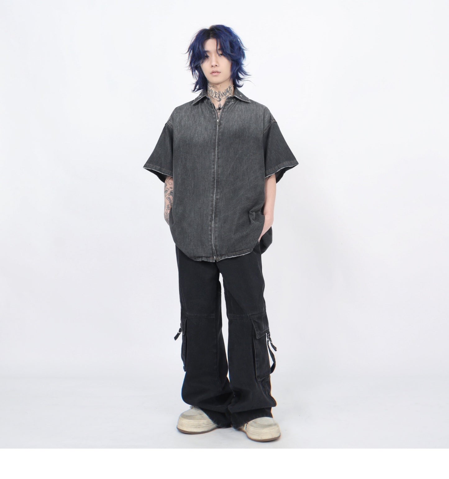 グラデーションウォッシュ加工 デニムショートスリーブシャツ P1366