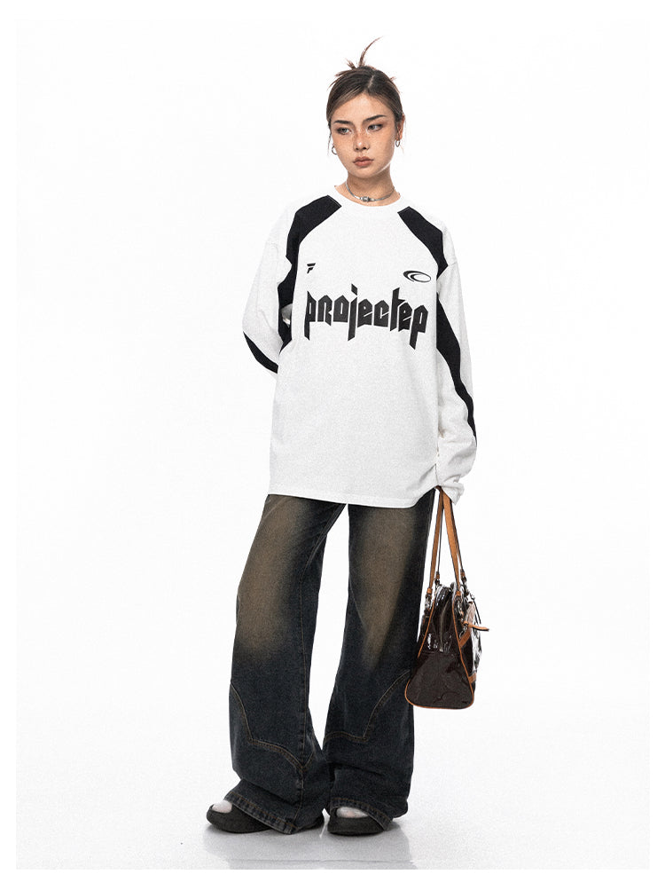 Color blocking round neck long sleeve T-shirt P692