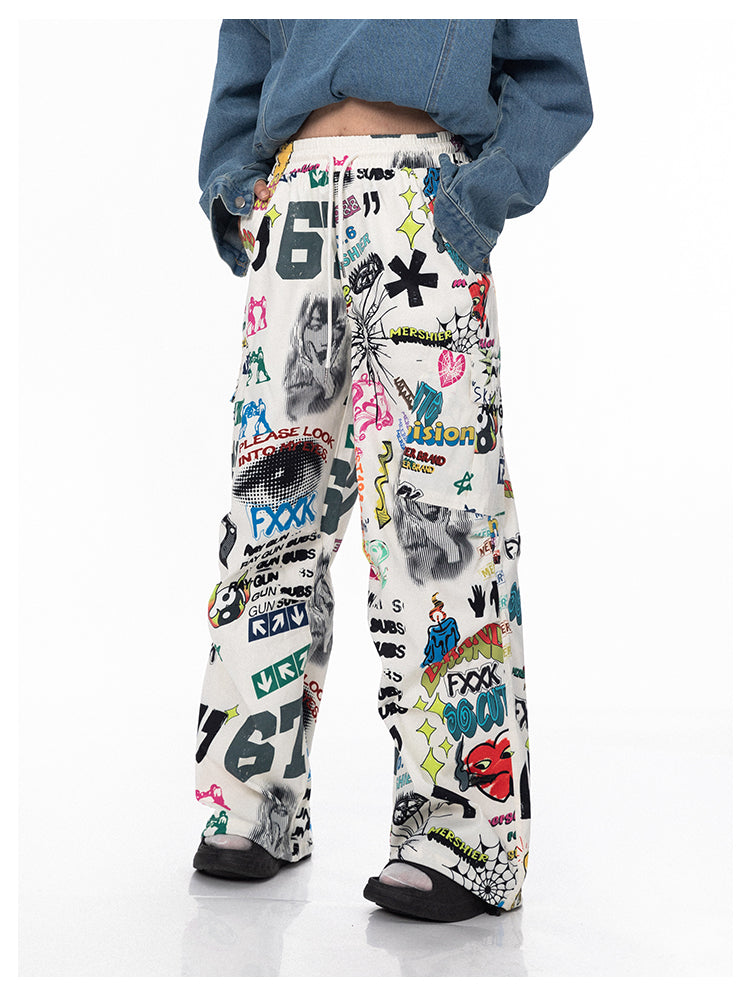 Hand-painted colorful graffiti wide pants P732