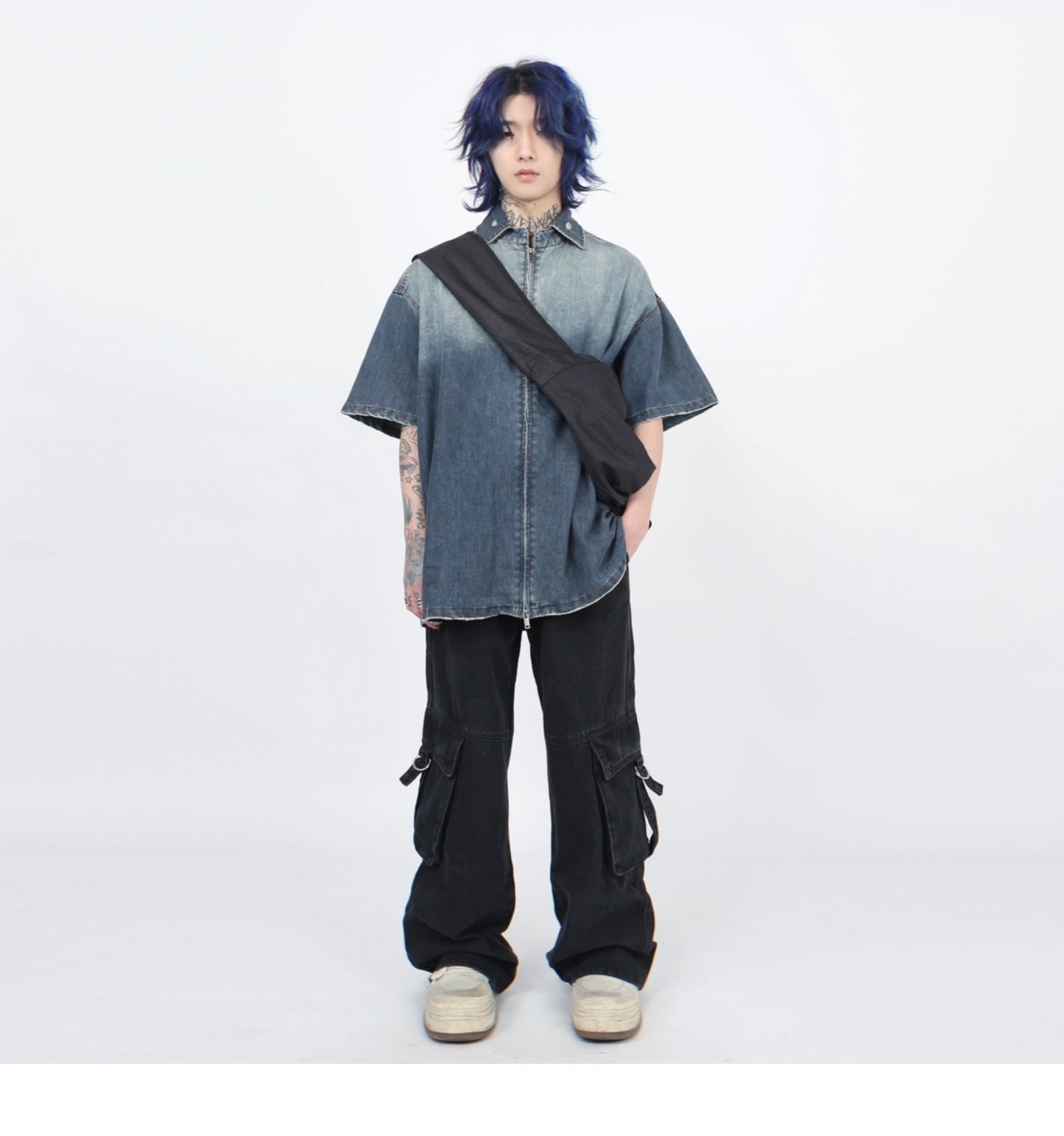 グラデーションウォッシュ加工 デニムショートスリーブシャツ P1366