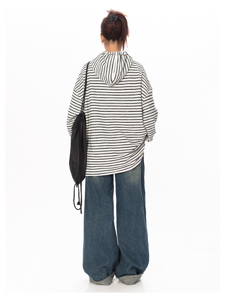 Striped contrast color hooded T-shirt P761