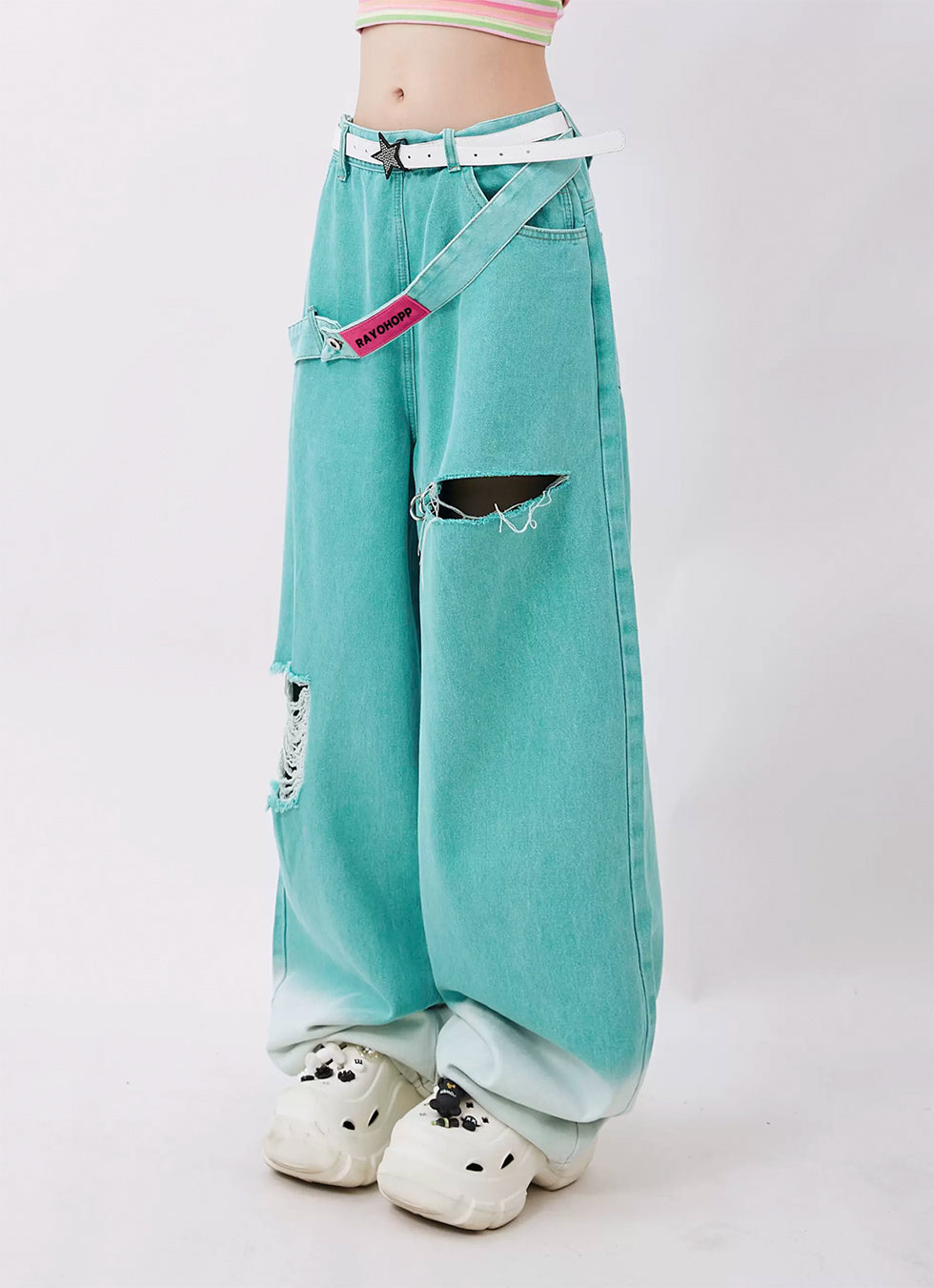 レトロ リップド デザイン ルーズ ストレートパンツ P961