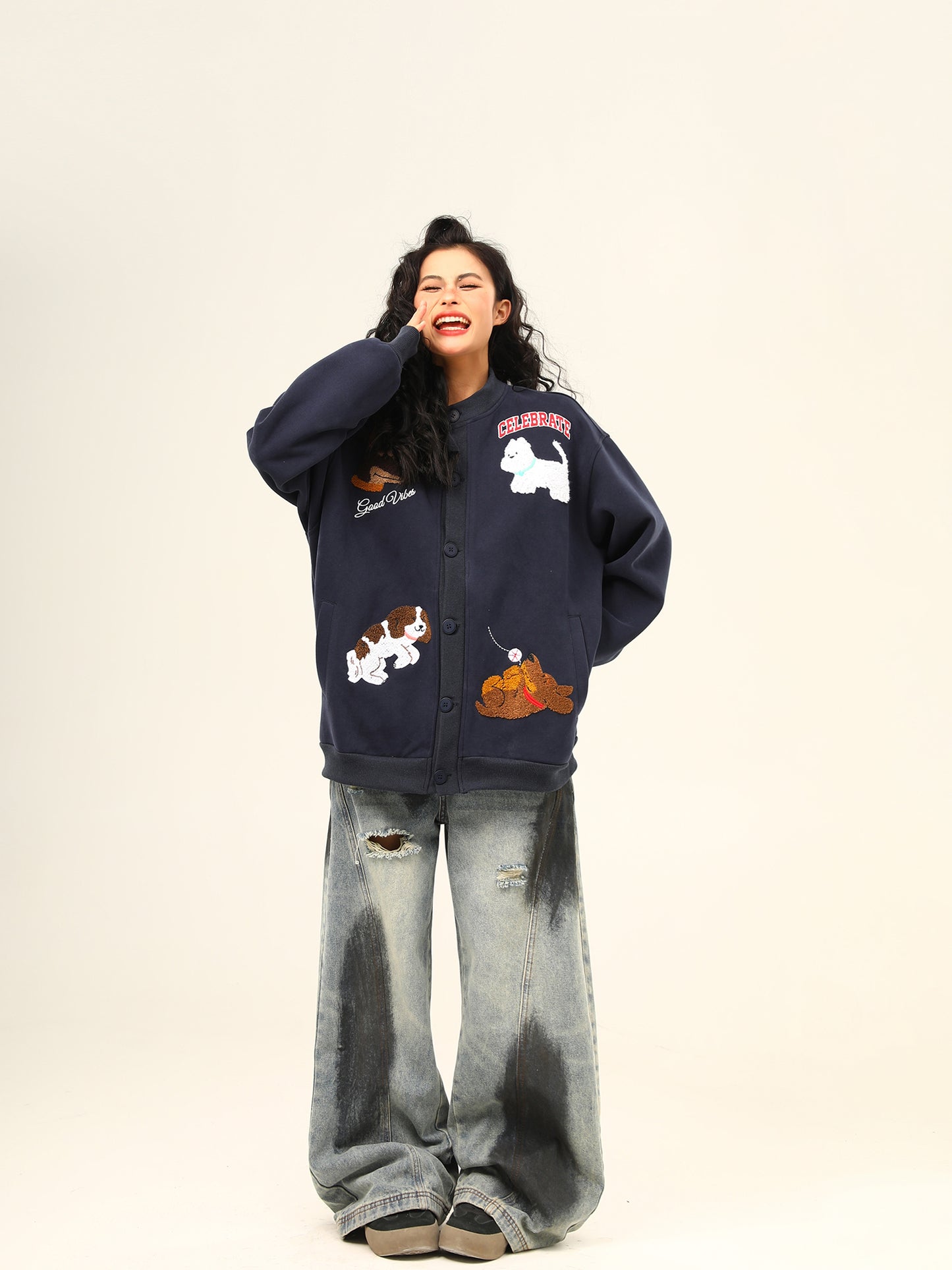 子犬刺繍 カーディガン P1913