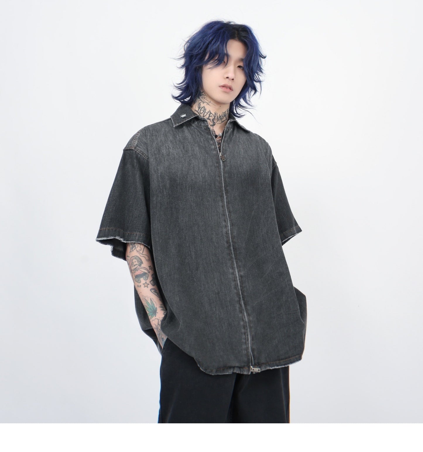 グラデーションウォッシュ加工 デニムショートスリーブシャツ P1366