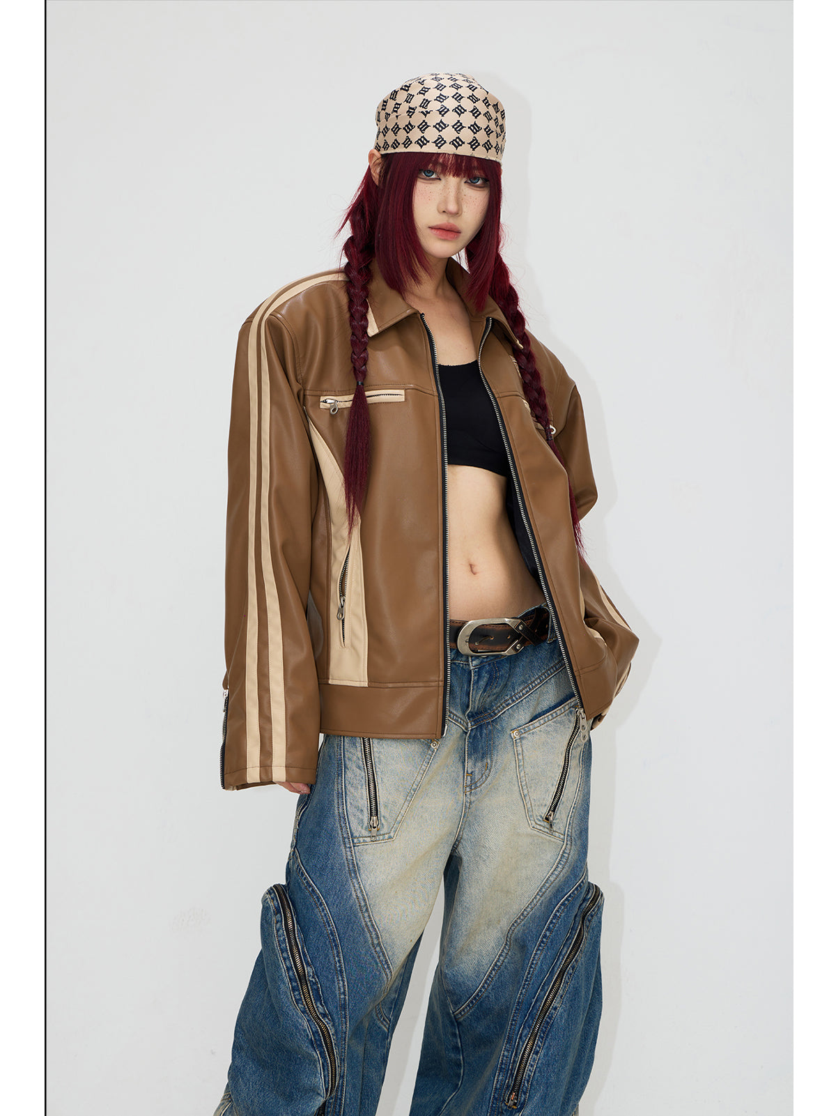 Contrast color retro leather jacket P546